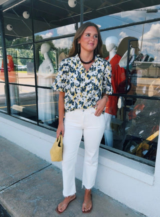 Navy Bloom Ruffle Neck Top
