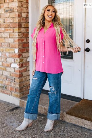 Pleated Button Woven Top Plus