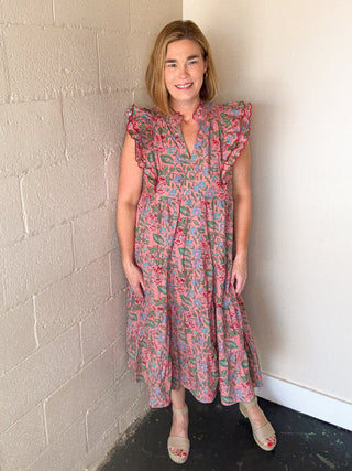 Pink Floral Tiered Midi Dress