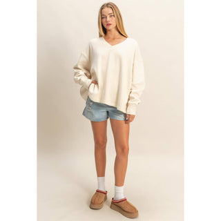 Oversized V-Neck Sweatshirt With Raw Edge Detail