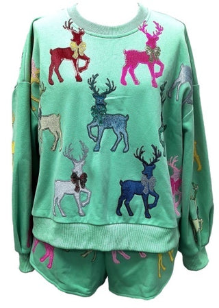 QUEEN OF SPARKLES Mint Green Velvet Reindeer Sweatshirt