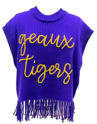 QUEEN OF SPARKLES LICENSED-PURPLE  GOLD GEAUX TIGERS FRINGE SWEATER VEST