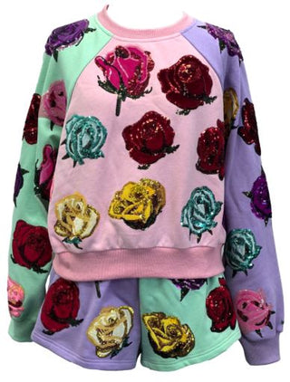 QUEEN OF SPARKLES Pastel Colorblock Velvet Roses Sweatshirt