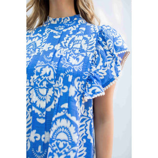 THML Blue Pleated Flutter Sleeve Print Top