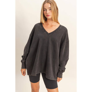 Oversized V-Neck Sweatshirt With Raw Edge Detail