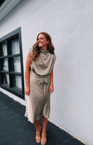Taupe Satin Midi Dress