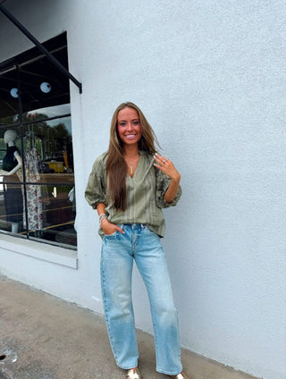 THML Olive Stripe Ruffle Top