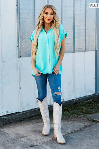 Pleated Button Woven Top Plus