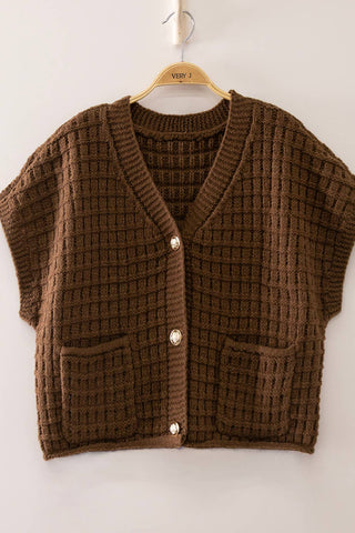Waffle Texture Crop Cardigan in Chocolate