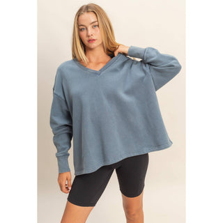 Oversized V-Neck Sweatshirt With Raw Edge Detail