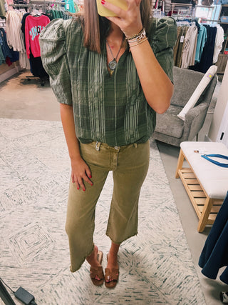 Gingham Olive Short Sleeve Top