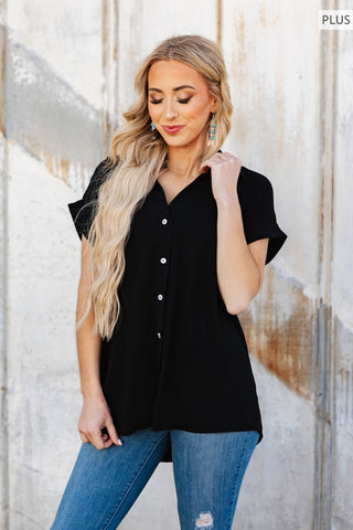Pleated Button Woven Top Plus
