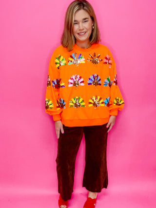 QUEEN OF SPARKLES Neon Orange Turkey Sweatshirt.