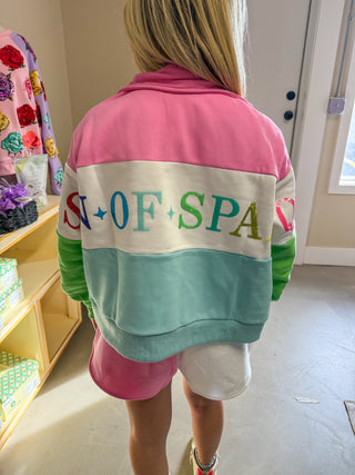 QUEEN OF SPARKLES Colorblock Stripe QOS Zip Sweatshirt