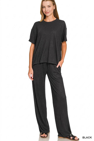 Soft Hacci Short Sleeve Tee & Long Pants 2PC Set