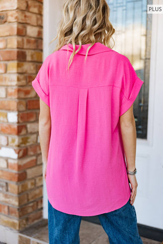 Pleated Button Woven Top Plus