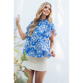 THML Blue Pleated Flutter Sleeve Print Top