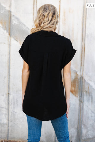 Pleated Button Woven Top Plus