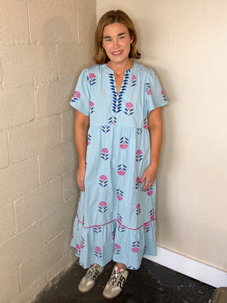 Periwinkle Blue Floral Embroidered Midi Dress