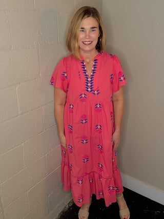 Coral Pink Floral Embroidered Midi Dress