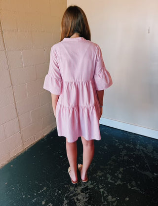 Molly Bracken Pink Striped Tiered Mini Dress