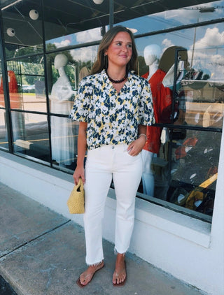 Navy Bloom Ruffle Neck Top
