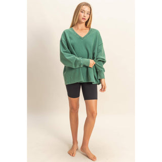 Oversized V-Neck Sweatshirt With Raw Edge Detail