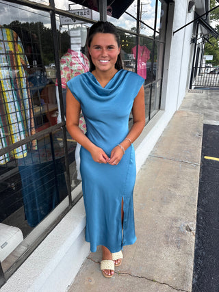 Satin Blue Midi Dress