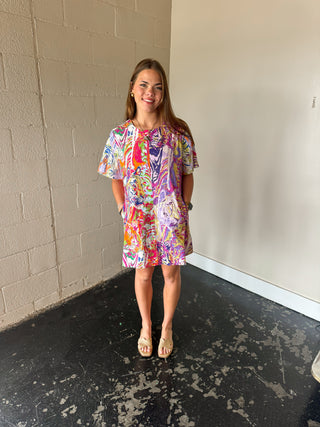 QUEEN OF SPARKLES Multi Abstract Cotton Tiger Short Sleeve Dress