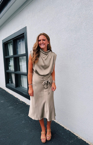 Taupe Satin Midi Dress