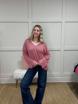 V-Neck Top with Lace Trim, Dusty Rose
