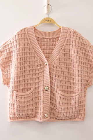 Waffle Texture Crop Cardigan in Chocolate