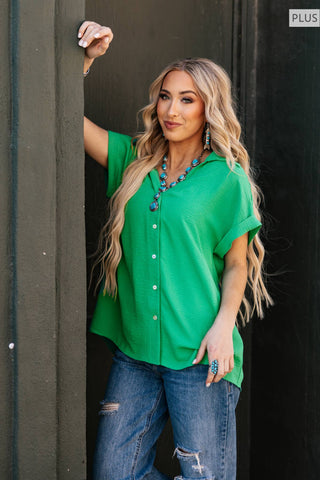 Pleated Button Woven Top Plus