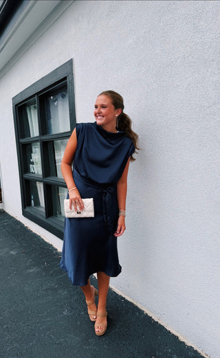 Navy Satin Midi Dress