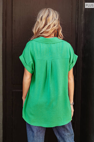 Pleated Button Woven Top Plus