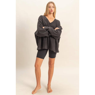 Oversized V-Neck Sweatshirt With Raw Edge Detail