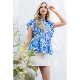 THML Blue Pleated Flutter Sleeve Print Top