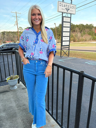 Striped Embroidered Short Sleeve Top