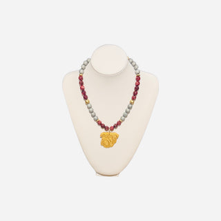 Hidden Truth 18" Silver and Maroon Beaded Necklace with medium MS Bulldog
