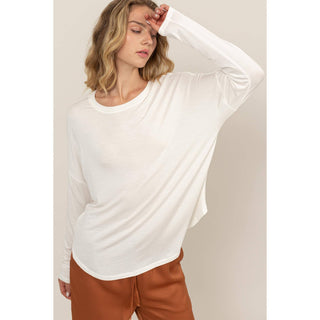 Round Neck Long Sleeve Curved Hem Top