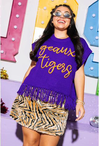 QUEEN OF SPARKLES LICENSED-PURPLE  GOLD GEAUX TIGERS FRINGE SWEATER VEST