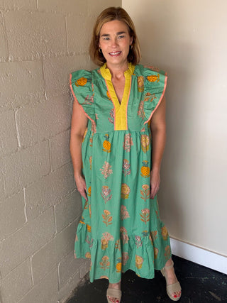 Mint Floral Tiered Midi Dress