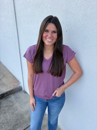 Orange/Royal V-Neck Striped Top