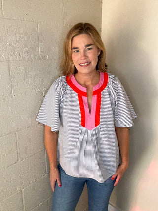 THML Striped Contrast Trim Top