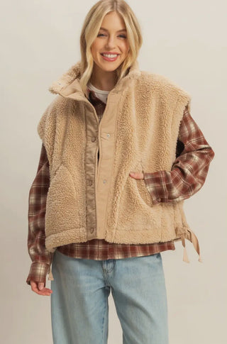 Cozy Sherpa Vest Jacket with Tie-Up Side Details