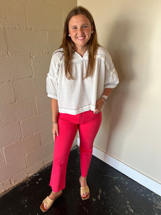 Kut from the Kloth Kelsey High Rise Ankle Flare Raw Hem Strawberry