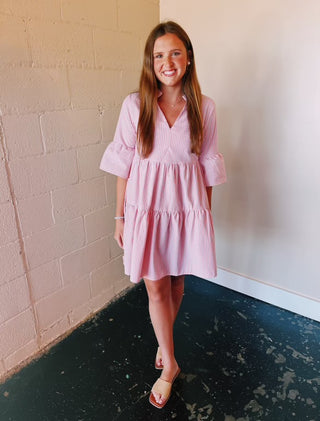 Molly Bracken Pink Striped Tiered Mini Dress