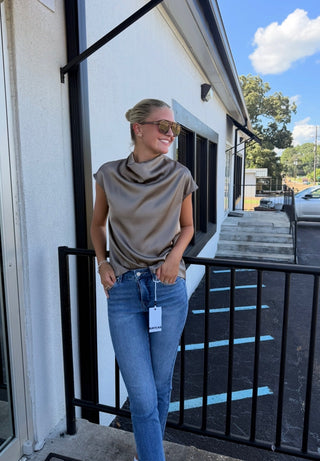 Mocha Cowl Neck Satin Top
