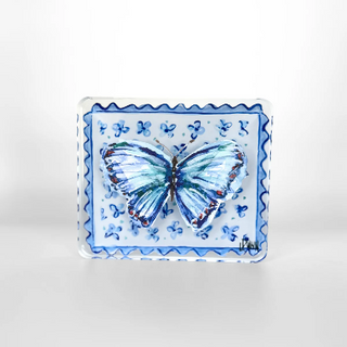 Lauren Dunn BLUE BUTTERFLY ON FLORAL BLOCK