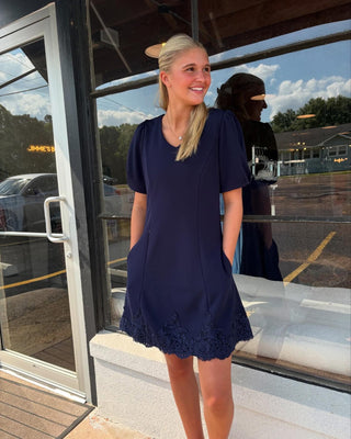 Classic Navy Puffed Sleeve Dress